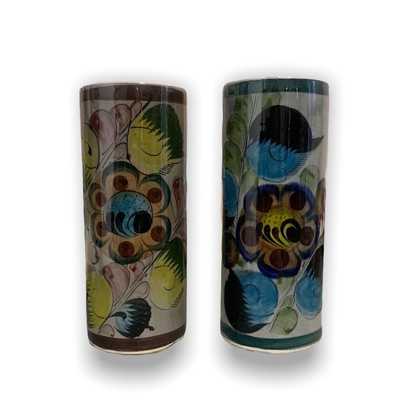 Vintage Pair of Mexican Tonala Vases Cylinder Hand Painted Stoneware Pottery 2pc